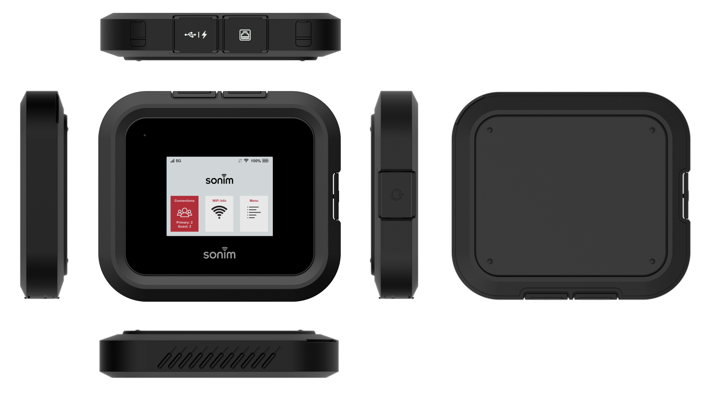 Photograph of the Sonim Spot H500, displaying 6 different angles of device, diagrammed